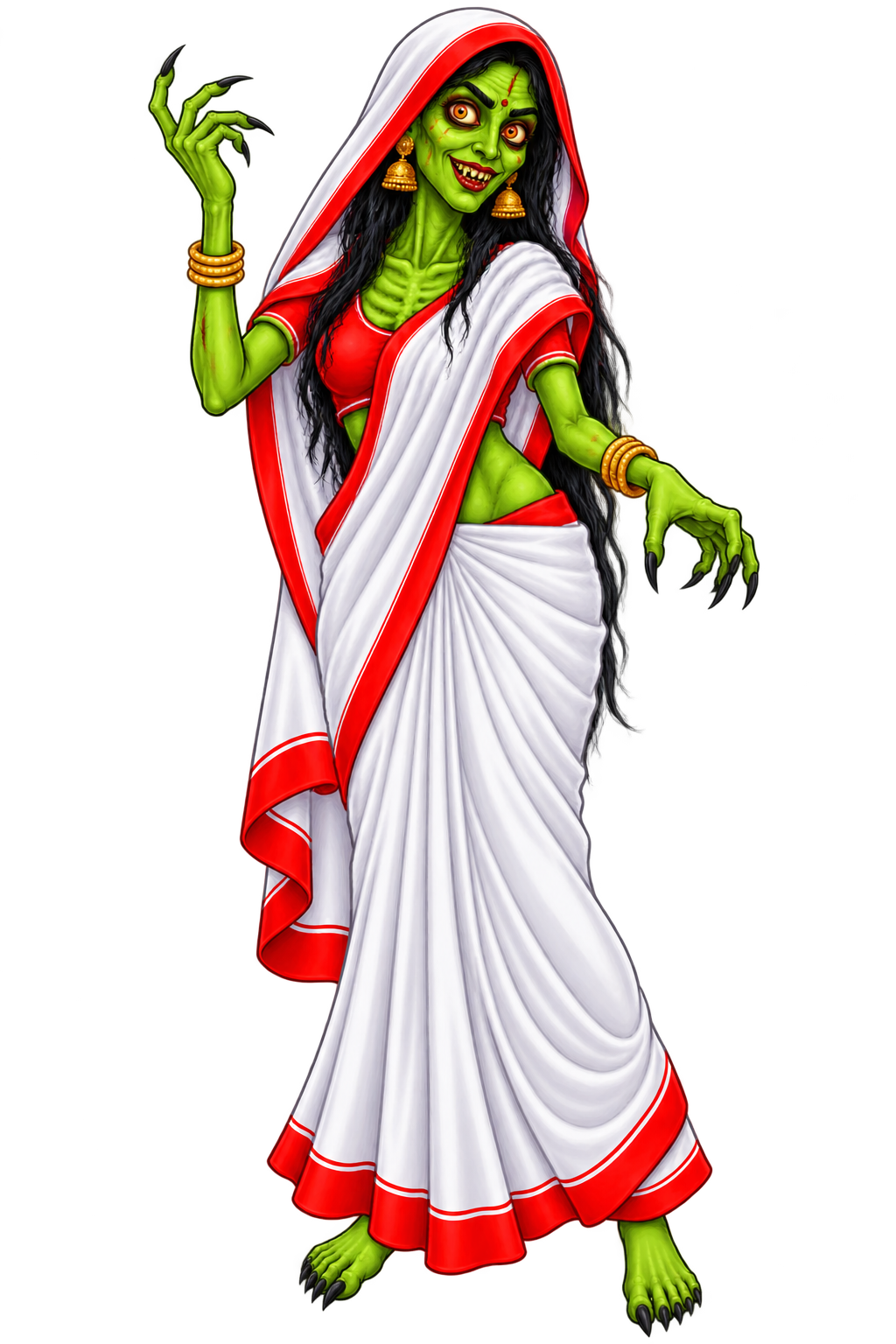 Cackling Green Witch In White Sari